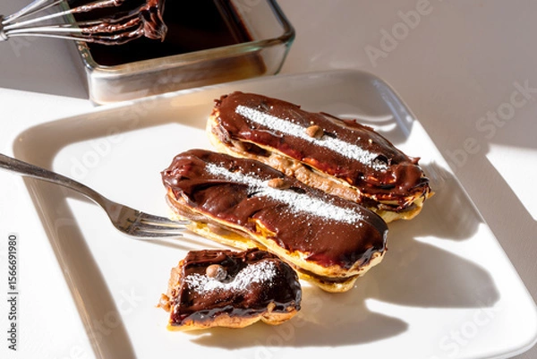 Fototapeta Delicious Chocolate Eclairs with Cocoa Icing on white plate