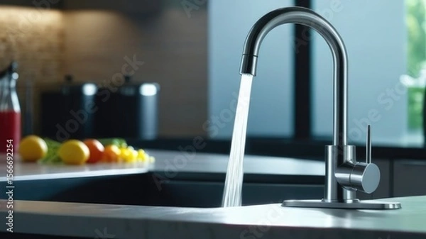 Fototapeta Stream of water flowing from tap in kitchen,Close up shot of modern kitchen faucet with water running from tap,