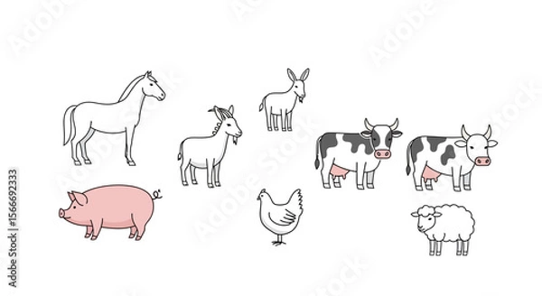 Fototapeta Vector farm animals vector illustration featuring horse cow pig goat sheep and chicken for educational resources design