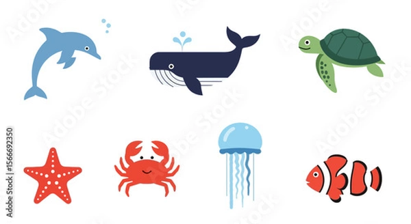Fototapeta Vector sea animals vector illustration featuring dolphin whale turtle starfish crab jellyfish and clownfish design