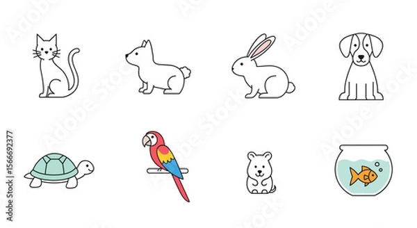 Fototapeta Vector cute pet animals vector illustration collection of cat dog rabbit parrot turtle hamster and goldfish bowl design