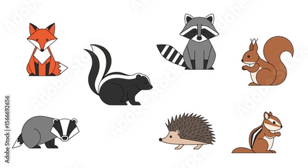 Fototapeta Vector cute cartoon forest animals illustration featuring fox raccoon squirrel skunk badger hedgehog chipmunk art