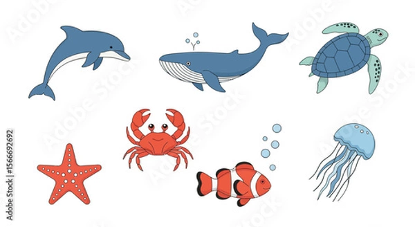 Fototapeta Vector ocean animals illustration sea life drawing dolphin whale turtle crab starfish jellyfish clownfish cartoon art vector