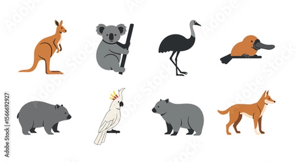 Fototapeta Vector australian wildlife animals illustration featuring kangaroo koala emu platypus wombat cockatoo dingo