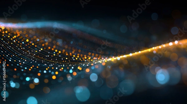 Fototapeta Swirling waves of glowing blue and orange dots create a mesmerizing visual symphony in a digital atmosphere