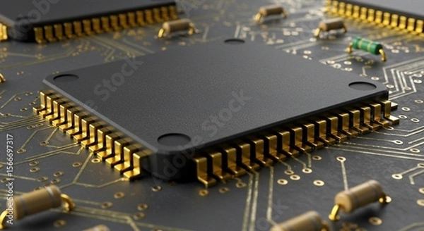 Fototapeta Close-up of a Microchip with Gold Pins on a Circuit Board, Technology Concept