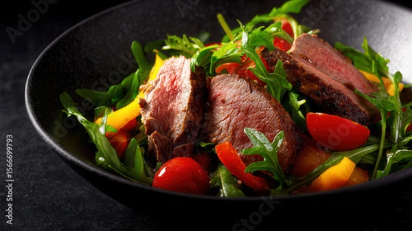 Fototapeta Gourmet sliced beef fillet served with fresh arugula, cherry tomatoes, and yellow bell peppers in a rich balsamic sauce