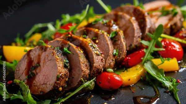 Fototapeta Sliced beef fillet garnished with arugula, cherry tomatoes, and yellow bell peppers in rich balsamic sauce on a dark textured surface