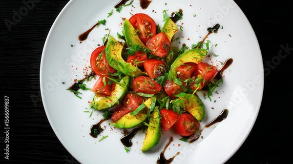 Fototapeta Vibrant avocado and tomato salad with balsamic dressing showcases fresh ingredients for a healthy meal