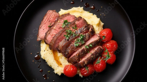 Fototapeta Succulent medium-rare beef steak with creamy mashed potatoes and ripe tomatoes on a black background for a gourmet dining experience