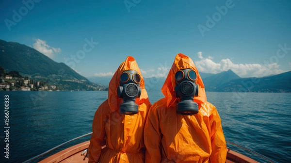 Fototapeta Bright day with two figures in orange hazmat suits and gas masks on a boat at Lake Como with stunning mountain backdrop