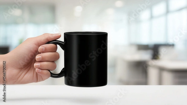 Fototapeta Elegant black mug held by a hand in a modern office environment with a clean, minimalistic design