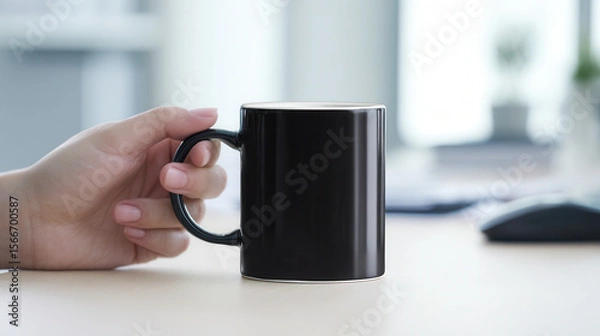 Fototapeta Elegant black mug mockup held gently in a modern office space, ideal for creative beverage branding