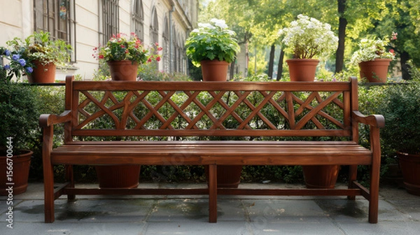 Fototapeta Elegant wooden bench with armrests surrounded by vibrant flower pots in a serene outdoor setting