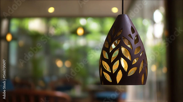 Fototapeta Elegant wooden pendant lamp with leaf cut-out design enhancing modern living space ambiance