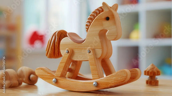 Fototapeta Wooden rocking horse toy crafted with care for children's imaginative play in a vibrant playroom setting