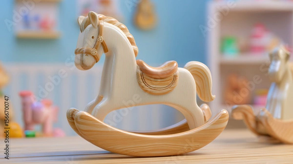 Fototapeta Discover the charm of a wooden rocking horse toy, beautifully crafted for children's playtime in a delightful playroom setting