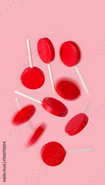 Fototapeta red round lollipops falling from above in pink background