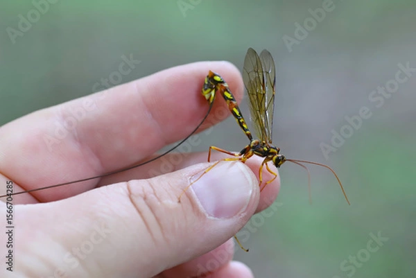 Fototapeta Megarhyssa perlata, Unique Parasitoid Of Horntail Wasps Larvae In wood, trunks of Trees. A large wasp held in a hand.