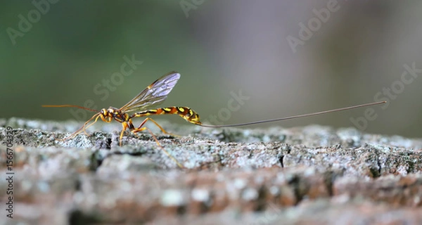 Fototapeta Megarhyssa perlata, Unique Parasitoid Of Horntail Wasps Larvae In wood, trunks of Trees. Large wasp with a long ovipositor for laying eggs.