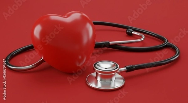 Fototapeta Red Heart Model with Black Stethoscope on Red Background