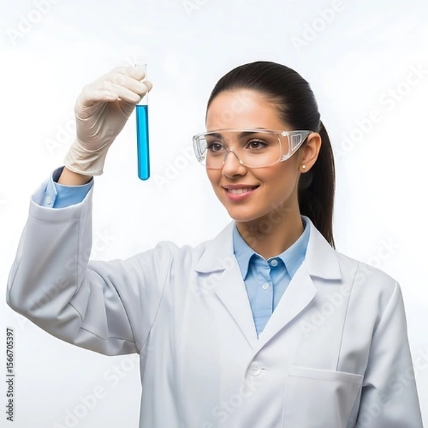 Fototapeta Smiling female scientist in lab coat examines a test tube filled with a blue liquid.