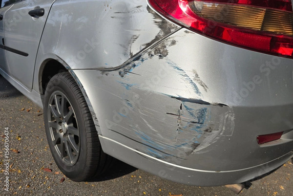 Fototapeta Rear-end collision damage on silver car with visible scrapes and paint transfer