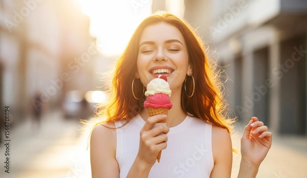 Fototapeta Happy Red-Haired Woman Enjoying Ice Cream on a Sunny Street