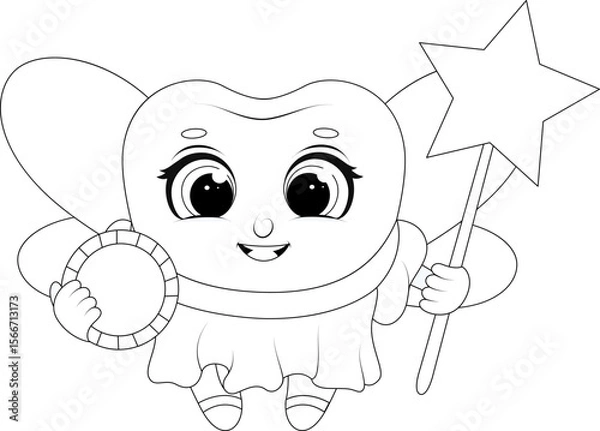 Fototapeta Tooth fairy coloring page for kids with coin and wand