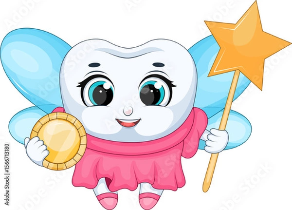 Fototapeta Tooth fairy with magic wand and coin. Vector illustration
