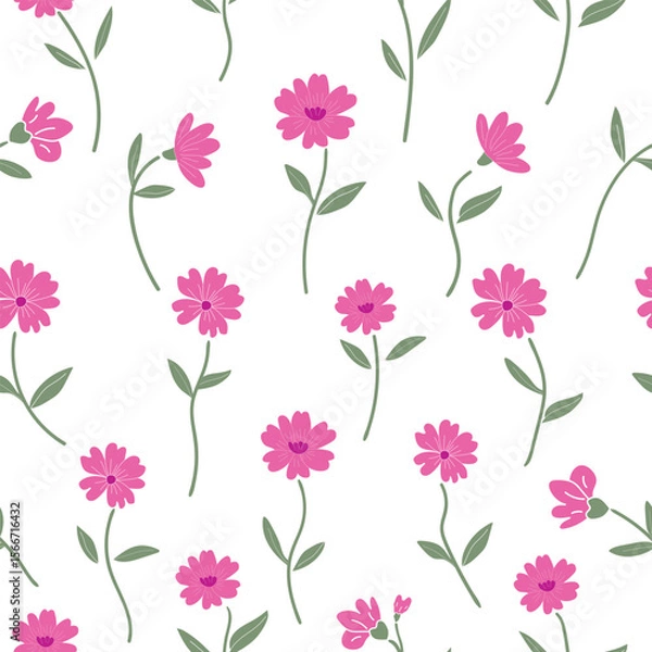 Fototapeta Seamless vector floral pattern with pink flowers and delicate green stems over soft white background for feminine design, fabric and digital decor.