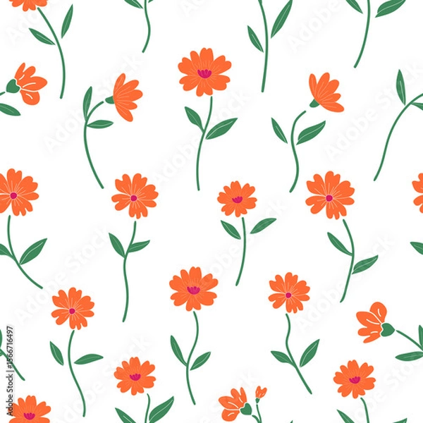 Fototapeta Vector seamless floral pattern with orange flowers and green stems on yellow background for textile, kids print, wrapping and home decor use.