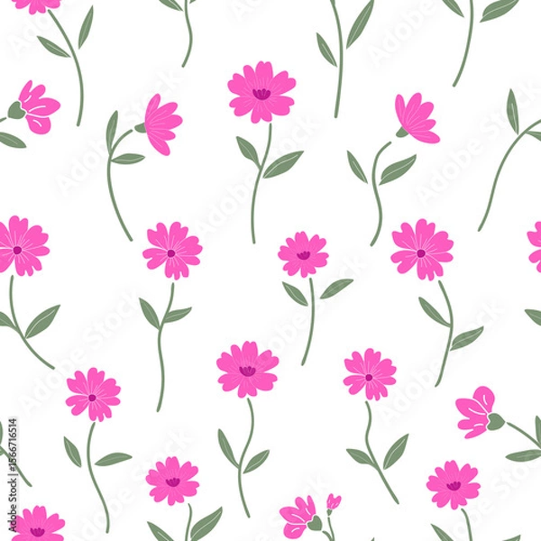 Fototapeta Seamless vector floral pattern with pink flowers and delicate green stems over soft white background for feminine design, fabric and digital decor.