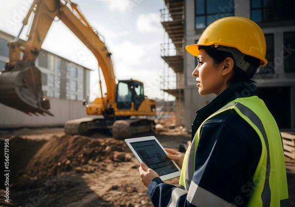 Fototapeta female engineer or female construction supervisor standing watching excavator working in front of  building under construction, holding tablet in hand