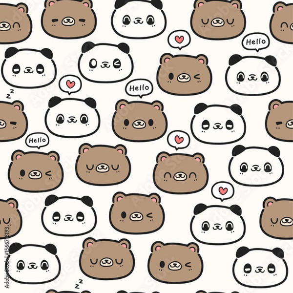 Obraz Seamless pattern background with cute bear and panda face cartoon doodle on white, Childish animal pattern for kids