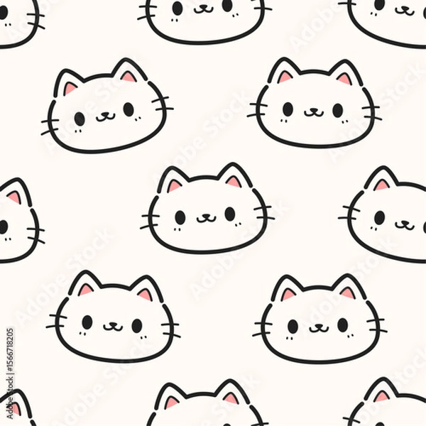 Obraz Seamless pattern background with cute cats face cartoon doodle on white, Childish animal pattern for kids