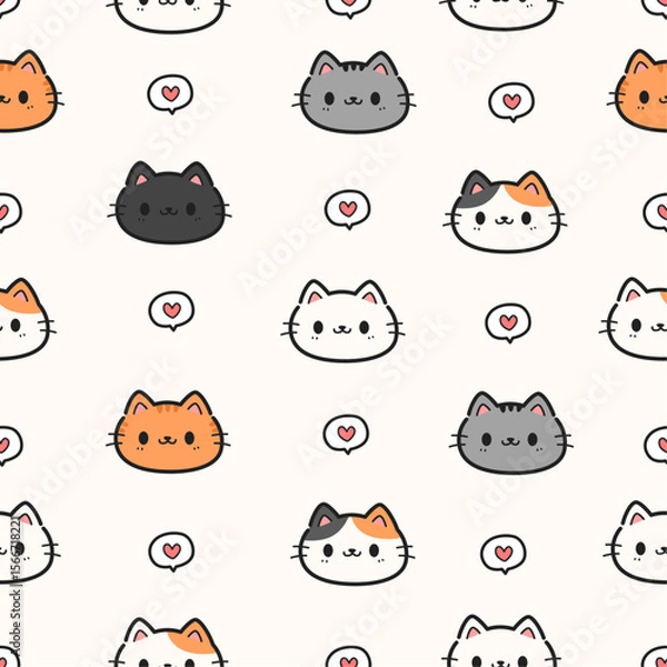 Obraz Seamless pattern background with cute cats face cartoon doodle on white, Childish animal pattern for kids