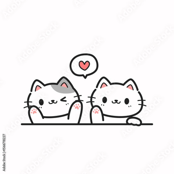 Obraz Greeting card with cute cat waving paw cartoon hand drawn on white, Cute baby shower card with cats for kids