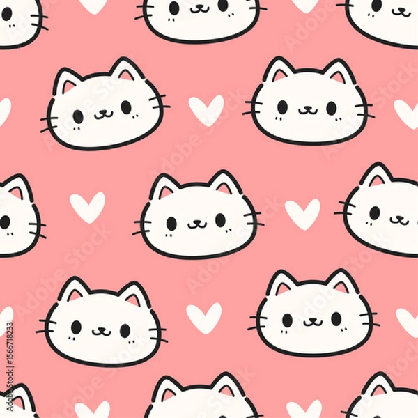 Obraz Seamless pattern background with cute cats face with hearts cartoon doodle on pink, Childish animal pattern for kids