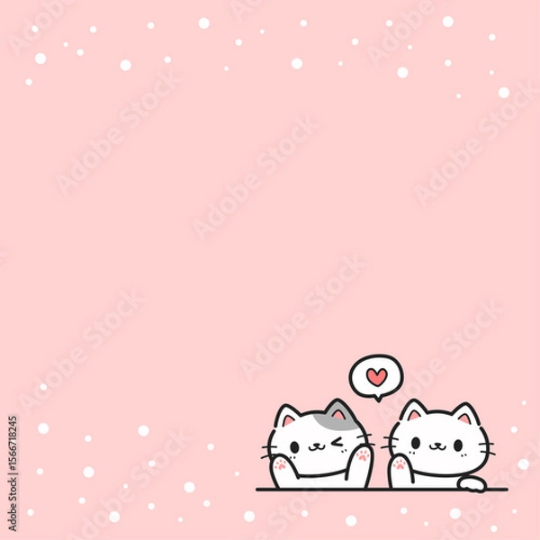 Obraz Greeting card with cute cat waving paw cartoon hand drawn on pink, Cute baby shower card with cats for kids