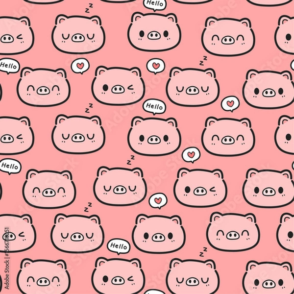 Obraz Seamless pattern background with cute pig face cartoon doodle on pink, Childish animal pattern for kids