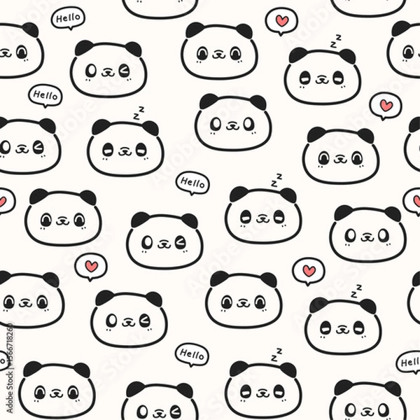 Obraz Seamless pattern background with cute panda face cartoon doodle on white, Childish animal pattern for kids