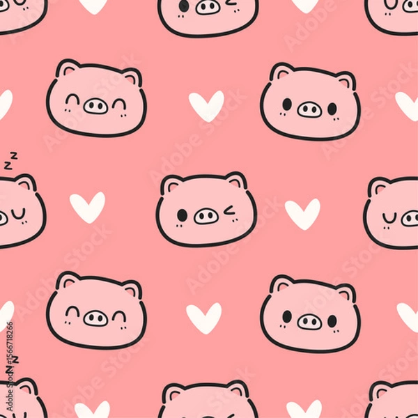 Obraz Seamless pattern background with cute pig face with hearts cartoon doodle on pink, Childish animal pattern for kids