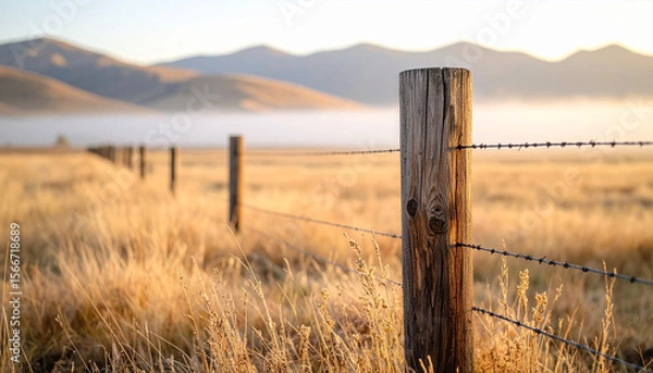 Fototapeta Weathered wooden fence post with barbed wire in dry grassland under soft morning light and foggy hills in background creating peaceful rural scene