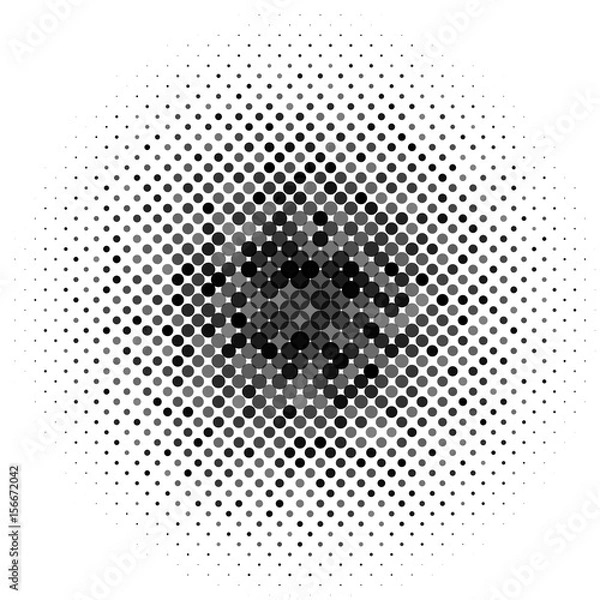 Fototapeta Circle with dots for Design Project. Halftone effect vector illustration. Colorful dots on white background. Black and white Sunburst background. Round frame design template.