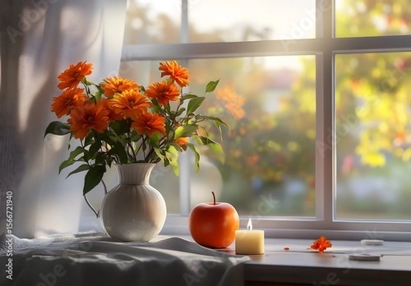 Obraz To enhance the beauty of the room, placing a beautiful vase decorated with flowers and a candle on a table in one corner of the room is an idea to create a cozy atmosphere in the room.