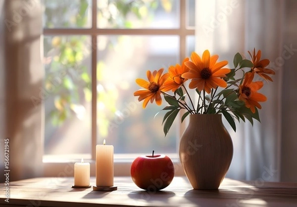 Obraz To enhance the beauty of the room, placing a beautiful vase decorated with flowers and a candle on a table in one corner of the room is an idea to create a cozy atmosphere in the room.