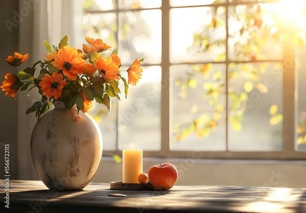Obraz To enhance the beauty of the room, placing a beautiful vase decorated with flowers and a candle on a table in one corner of the room is an idea to create a cozy atmosphere in the room.