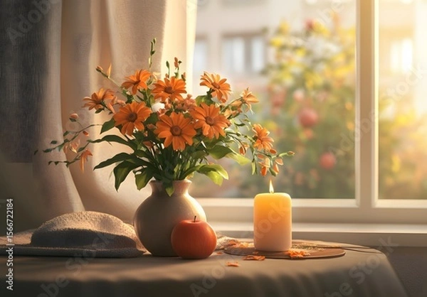 Obraz To enhance the beauty of the room, placing a beautiful vase decorated with flowers and a candle on a table in one corner of the room is an idea to create a cozy atmosphere in the room.