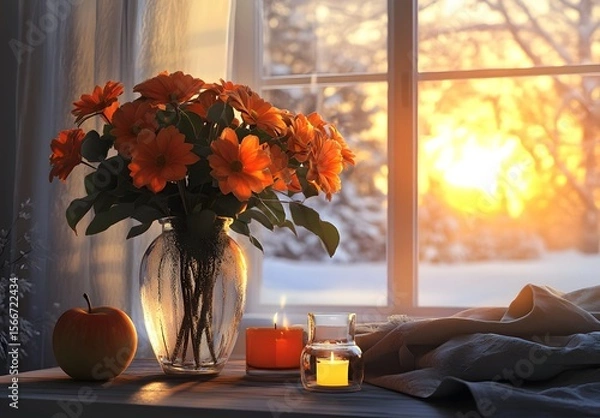 Obraz To enhance the beauty of the room, placing a beautiful vase decorated with flowers and a candle on a table in one corner of the room is an idea to create a cozy atmosphere in the room.